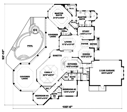 Florida, Mediterranean House Plan 60410 with 3 Beds, 3 Baths, 2 Car Garage First Level Plan