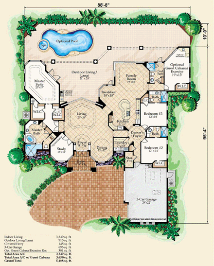 Florida, Mediterranean House Plan 60413 with 3 Beds, 4 Baths, 3 Car Garage First Level Plan