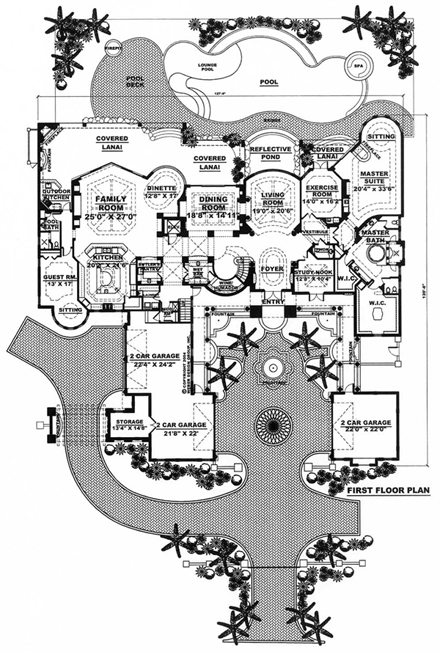 Florida, Mediterranean House Plan 60419 with 6 Beds, 9 Baths, 6 Car Garage First Level Plan