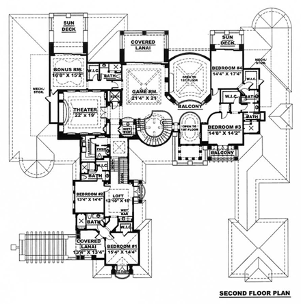 Florida, Mediterranean House Plan 60419 with 6 Beds, 9 Baths, 6 Car Garage Second Level Plan