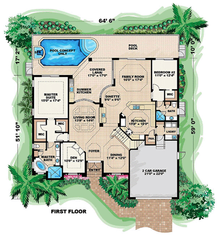 Florida, Mediterranean House Plan 60420 with 3 Beds, 3 Baths, 2 Car Garage First Level Plan