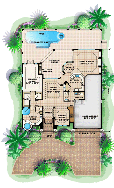 Florida, Mediterranean House Plan 60421 with 4 Beds, 4 Baths, 3 Car Garage First Level Plan