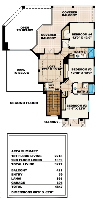 Florida, Mediterranean House Plan 60421 with 4 Beds, 4 Baths, 3 Car Garage Second Level Plan