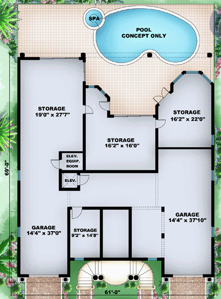 Coastal, Florida, Mediterranean House Plan 60422 with 3 Beds, 4 Baths, 3 Car Garage First Level Plan