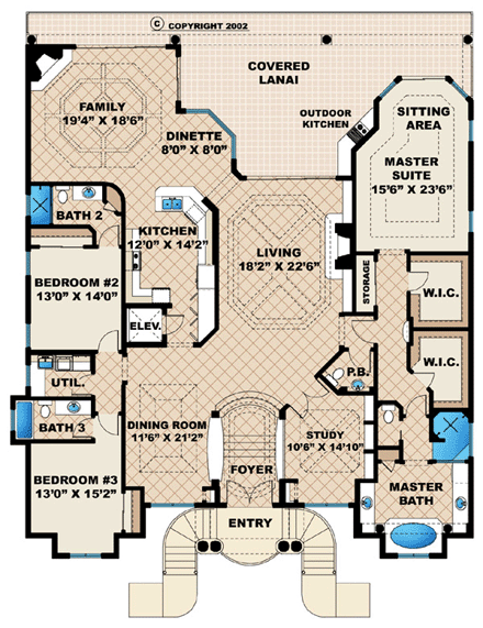 Coastal, Florida, Mediterranean House Plan 60422 with 3 Beds, 4 Baths, 3 Car Garage Second Level Plan