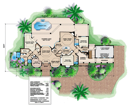 Florida, Mediterranean House Plan 60424 with 2 Beds, 5 Baths, 3 Car Garage First Level Plan
