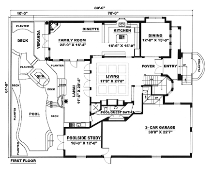 Florida, Italian, Mediterranean House Plan 60426 with 4 Beds, 4 Baths, 3 Car Garage First Level Plan