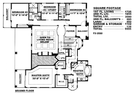 Florida, Italian, Mediterranean House Plan 60426 with 4 Beds, 4 Baths, 3 Car Garage Second Level Plan