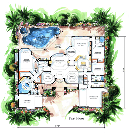 Florida, Mediterranean House Plan 60433 with 4 Beds, 4 Baths, 2 Car Garage First Level Plan