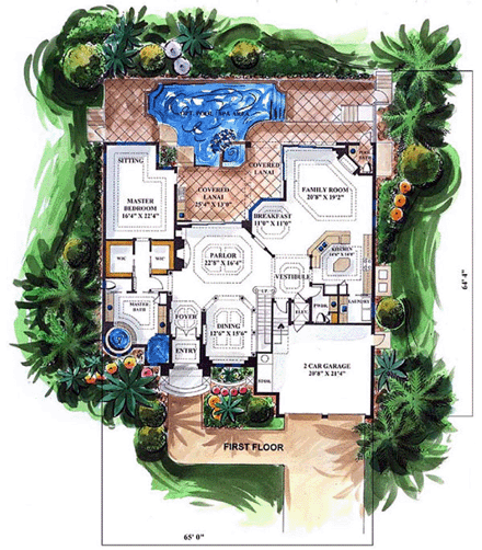 Florida, Mediterranean House Plan 60434 with 4 Beds, 4 Baths, 2 Car Garage First Level Plan
