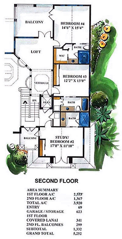 Florida, Mediterranean House Plan 60434 with 4 Beds, 4 Baths, 2 Car Garage Second Level Plan