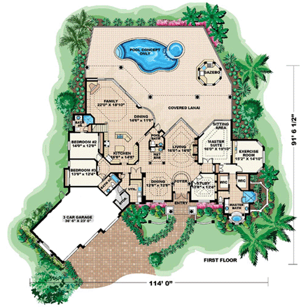 Florida, Mediterranean House Plan 60445 with 5 Beds, 6 Baths, 2 Car Garage First Level Plan