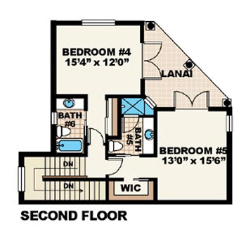 Florida, Mediterranean House Plan 60445 with 5 Beds, 6 Baths, 2 Car Garage Second Level Plan