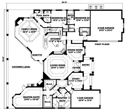 Florida, Mediterranean House Plan 60447 with 4 Beds, 4 Baths, 3 Car Garage First Level Plan