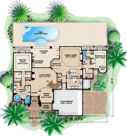 Florida, Mediterranean House Plan 60450 with 5 Beds, 5 Baths, 2 Car Garage First Level Plan