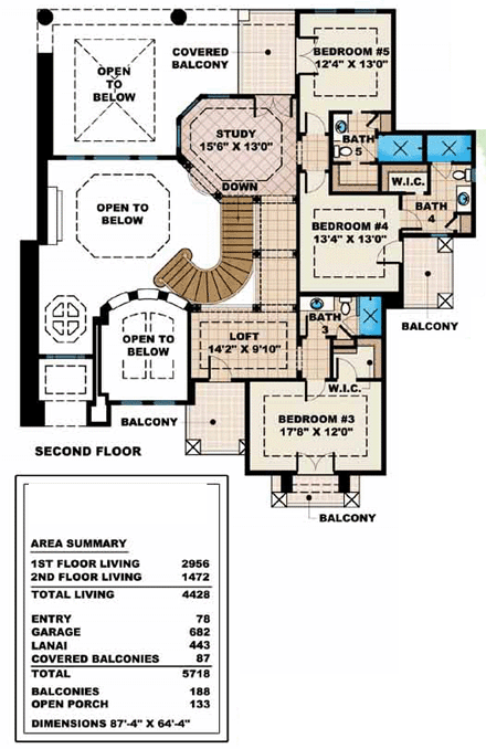 Florida, Mediterranean House Plan 60450 with 5 Beds, 5 Baths, 2 Car Garage Second Level Plan