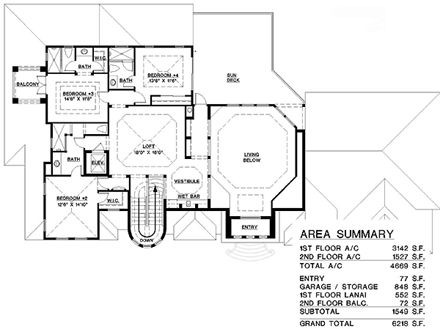 Florida, Mediterranean House Plan 60453 with 4 Beds, 6 Baths, 3 Car Garage Second Level Plan
