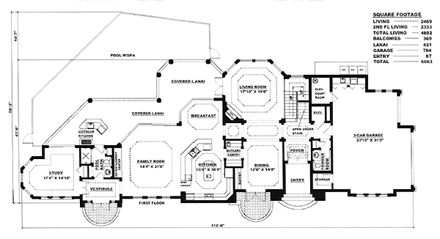 Florida, Mediterranean House Plan 60458 with 4 Beds, 5 Baths, 2 Car Garage First Level Plan