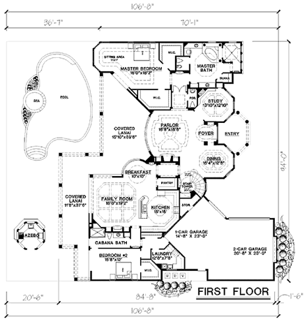 Florida, Mediterranean House Plan 60460 with 5 Beds, 6 Baths, 2 Car Garage First Level Plan
