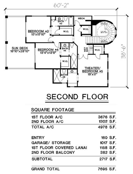 Florida, Mediterranean House Plan 60460 with 5 Beds, 6 Baths, 2 Car Garage Second Level Plan