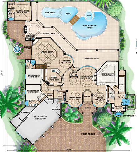 Florida, Mediterranean House Plan 60464 with 5 Beds, 6 Baths, 3 Car Garage First Level Plan