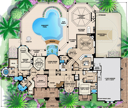 Florida, Mediterranean House Plan 60476 with 4 Beds, 7 Baths, 4 Car Garage First Level Plan