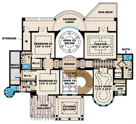 Florida, Mediterranean House Plan 60476 with 4 Beds, 7 Baths, 4 Car Garage Second Level Plan