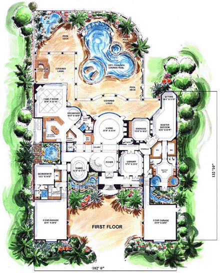Florida, Mediterranean House Plan 60482 with 5 Beds, 7 Baths, 4 Car Garage First Level Plan