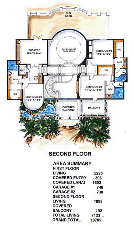 Florida, Mediterranean House Plan 60482 with 5 Beds, 7 Baths, 4 Car Garage Second Level Plan