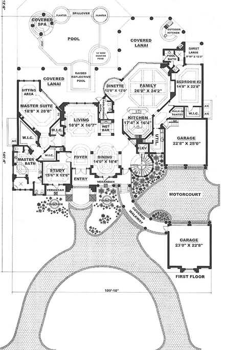 Florida, Mediterranean House Plan 60483 with 5 Beds, 6 Baths, 4 Car Garage First Level Plan