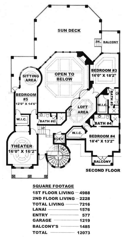 Florida, Mediterranean House Plan 60483 with 5 Beds, 6 Baths, 4 Car Garage Second Level Plan
