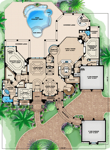 Florida, Mediterranean House Plan 60484 with 5 Beds, 6 Baths, 4 Car Garage First Level Plan