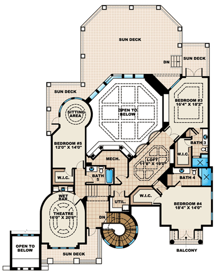 Florida, Mediterranean House Plan 60484 with 5 Beds, 6 Baths, 4 Car Garage Second Level Plan