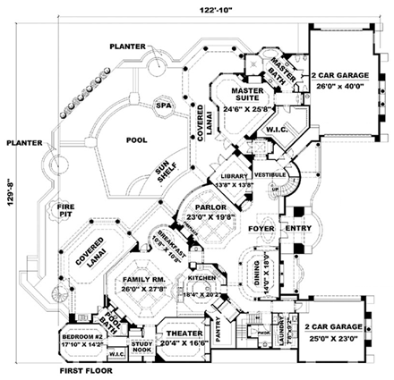 Florida, Mediterranean House Plan 60487 with 5 Beds, 6 Baths, 4 Car Garage First Level Plan