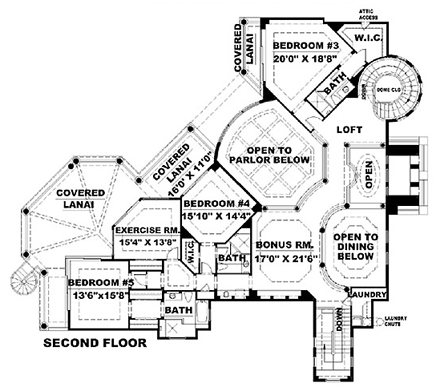 Florida, Mediterranean House Plan 60487 with 5 Beds, 6 Baths, 4 Car Garage Second Level Plan