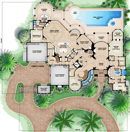 Florida, Mediterranean House Plan 60488 with 5 Beds, 6 Baths, 4 Car Garage First Level Plan