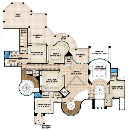 Florida, Mediterranean House Plan 60488 with 5 Beds, 6 Baths, 4 Car Garage Second Level Plan