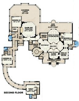 Florida, Mediterranean House Plan 60489 with 6 Beds, 7 Baths, 6 Car Garage Second Level Plan