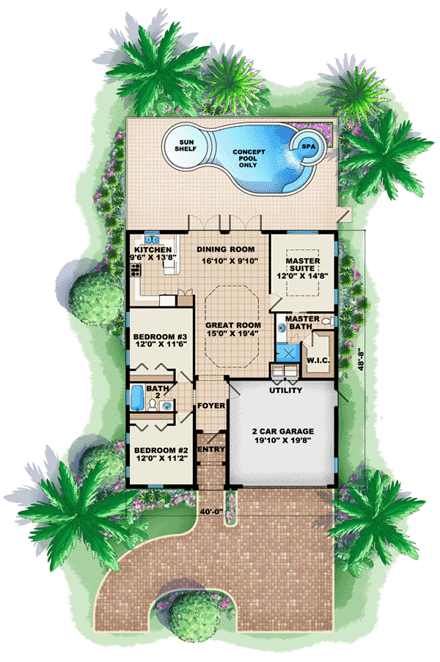 Florida, Mediterranean House Plan 60495 with 3 Beds, 2 Baths, 2 Car Garage First Level Plan