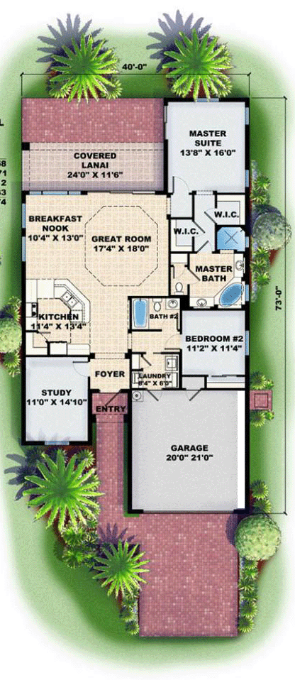Florida, Mediterranean House Plan 60496 with 2 Beds, 2 Baths, 2 Car Garage First Level Plan