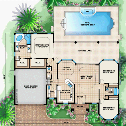 Florida, Mediterranean House Plan 60497 with 3 Beds, 3 Baths, 2 Car Garage First Level Plan