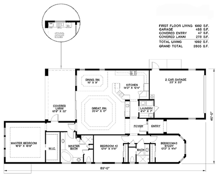 Florida, Mediterranean House Plan 60498 with 2 Beds, 2 Baths, 2 Car Garage First Level Plan