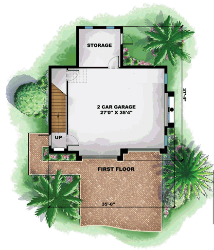 Mediterranean 2 Car Garage Apartment Plan 60499 with 1 Beds, 1 Baths First Level Plan