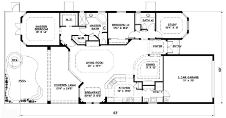 Florida, Mediterranean House Plan 60500 with 2 Beds, 2 Baths, 2 Car Garage First Level Plan
