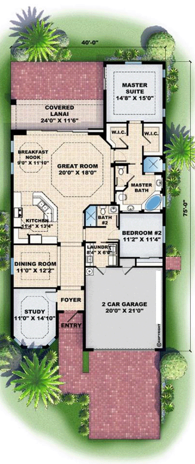 Florida, Mediterranean House Plan 60501 with 2 Beds, 2 Baths, 2 Car Garage First Level Plan