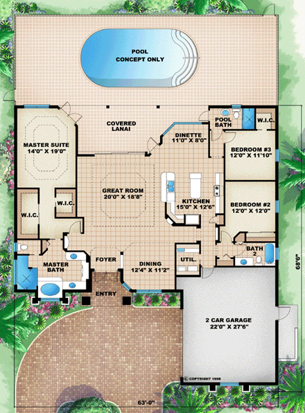 Florida, Mediterranean House Plan 60505 with 3 Beds, 3 Baths, 2 Car Garage First Level Plan