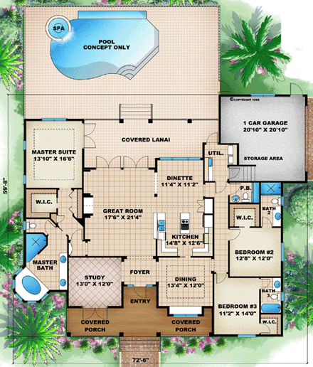 Florida, Mediterranean House Plan 60509 with 3 Beds, 4 Baths, 1 Car Garage First Level Plan