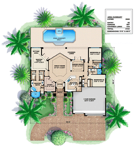 Florida, Mediterranean House Plan 60511 with 3 Beds, 3 Baths, 3 Car Garage First Level Plan