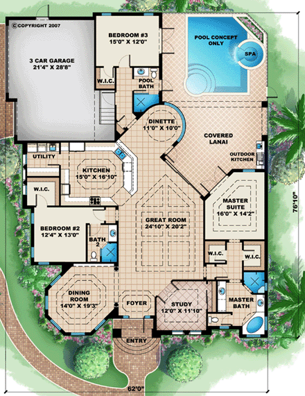 Florida, Mediterranean House Plan 60512 with 3 Beds, 3 Baths, 3 Car Garage First Level Plan