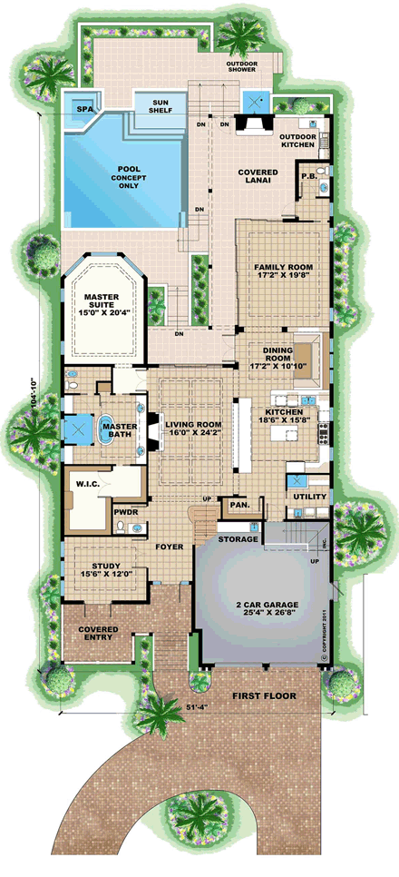 Coastal House Plan 60514 with 4 Beds, 7 Baths, 2 Car Garage First Level Plan